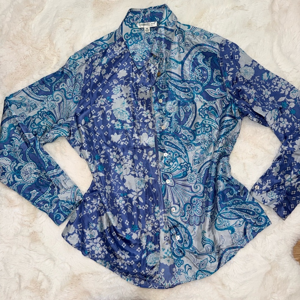 💫STUNNING Vintage 90s Y2K Blue Floral Paisley Silk Long Sleeve Button Down Shirt